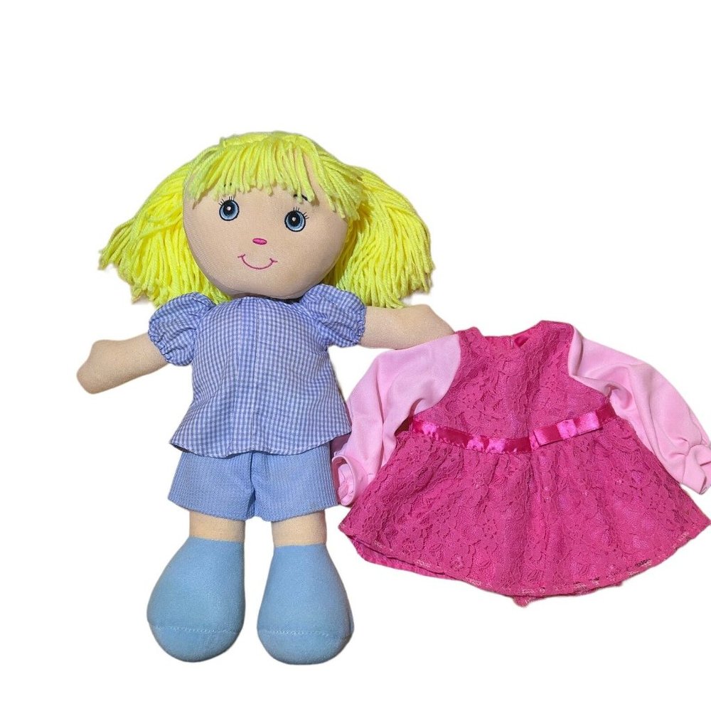Homerbest 15” Soft Cloth Rag Plush Yellow Blonde Yarn Hair Blue Eyes Bonus Dress
